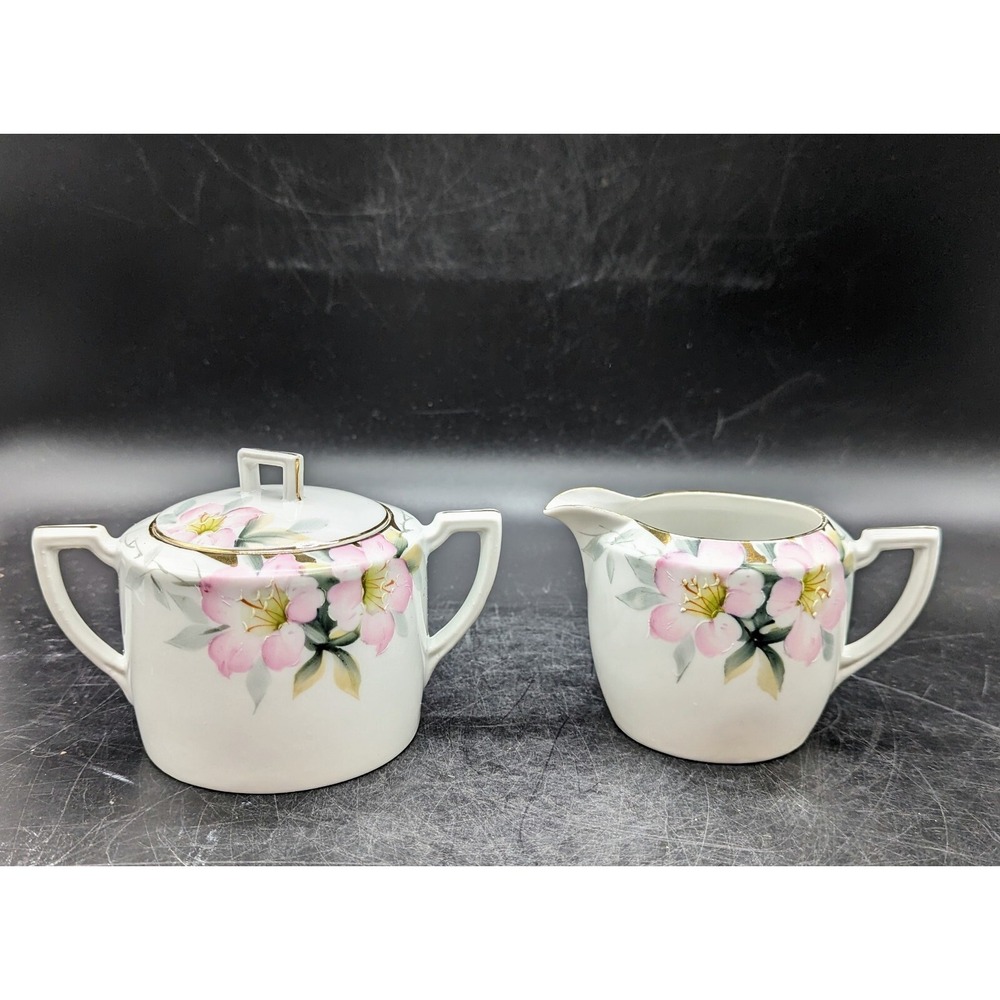 Antique Nippon Hand Painted Pink Azalea Sugar Bowl w/ Lid & Creamer Flower